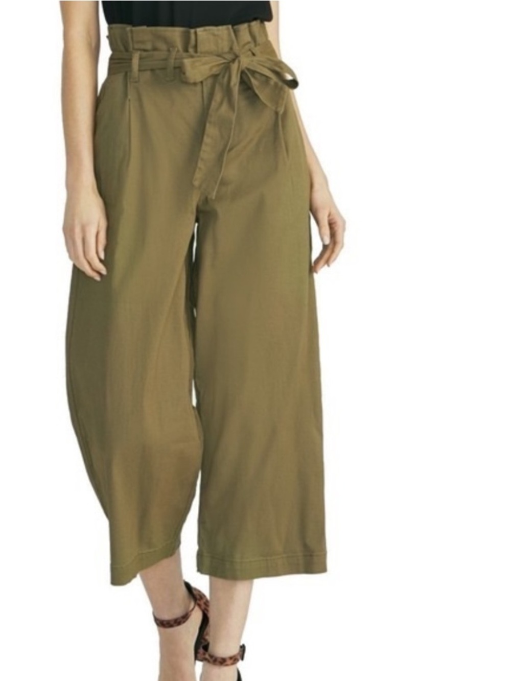 Rachel Roy Army Green High Waisted Paper Bag Tie Belt Wide Leg Ankle Pants- 10